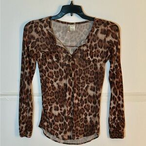 PASSPORT Leopard Print Sheer Long SleeveV-Neck Top. Decorative buttons on front